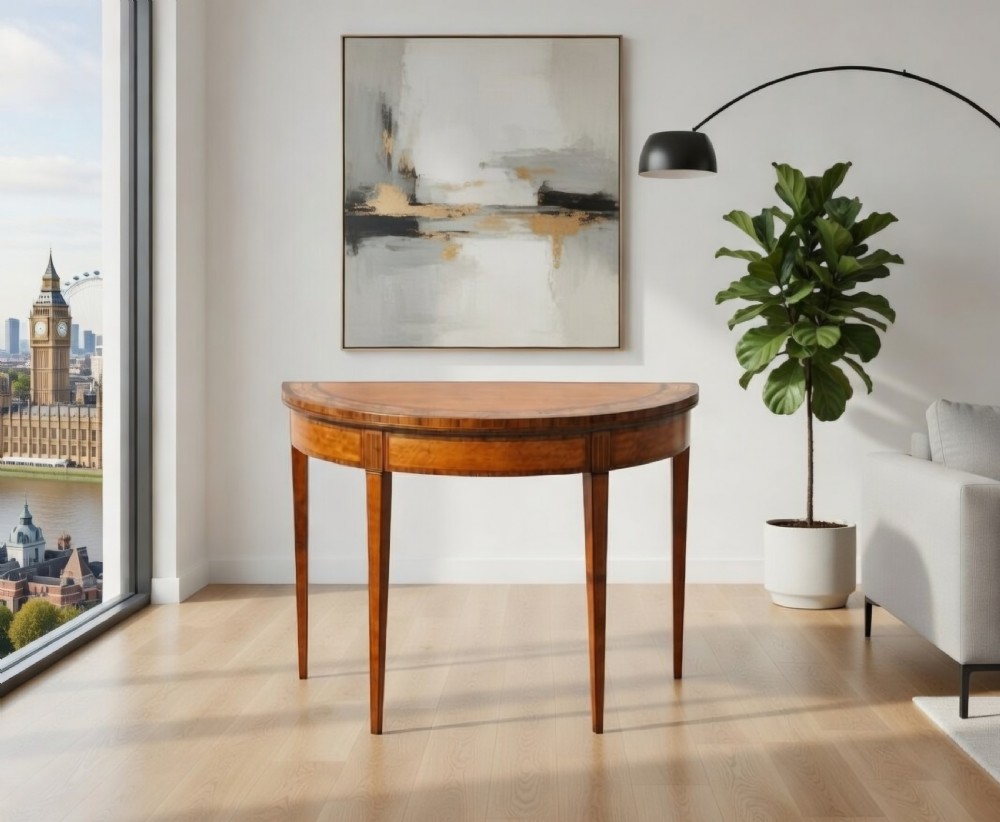 A semi-circular satinwood demilune card table featuring floral marquetry inlay, crossbanded borders, and tapered square legs. View II