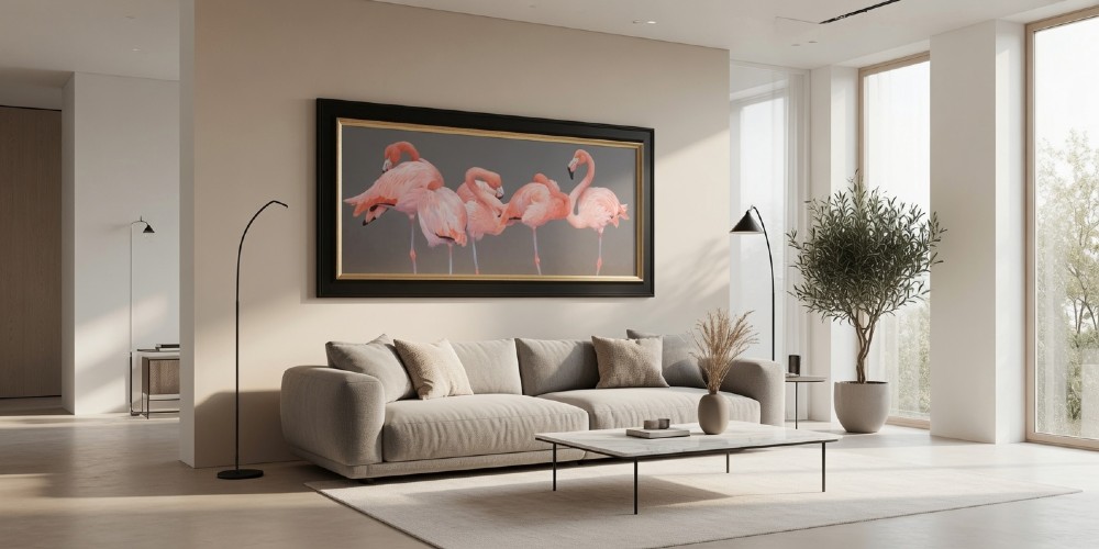 A wide panoramic oil painting on board depicting five pink flamingos in detailed poses against a grey background, encased in a black and gilt wooden frame. View XV