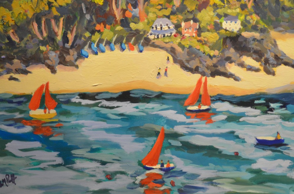 A framed oil painting on canvas depicting boats with red sails on blue water before a sandy shore and green hills. View II