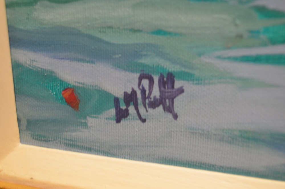 A framed oil painting on canvas depicting boats with red sails on blue water before a sandy shore and green hills. View IV