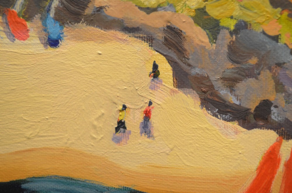 A framed oil painting on canvas depicting boats with red sails on blue water before a sandy shore and green hills. View V