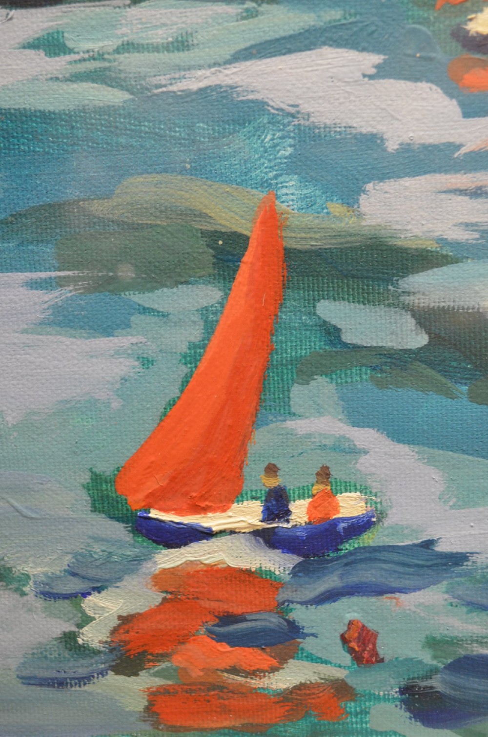 A framed oil painting on canvas depicting boats with red sails on blue water before a sandy shore and green hills. View VII