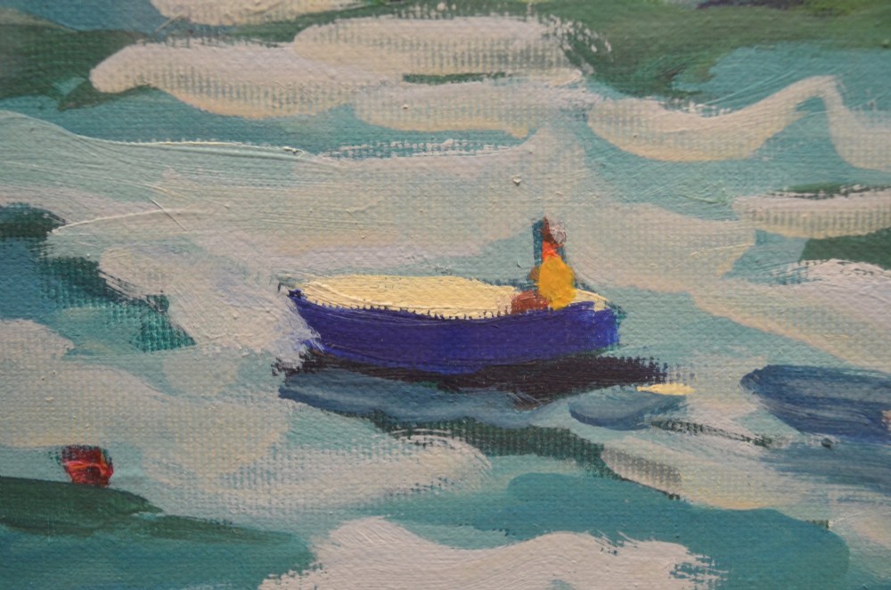 A framed oil painting on canvas depicting boats with red sails on blue water before a sandy shore and green hills. View VIII