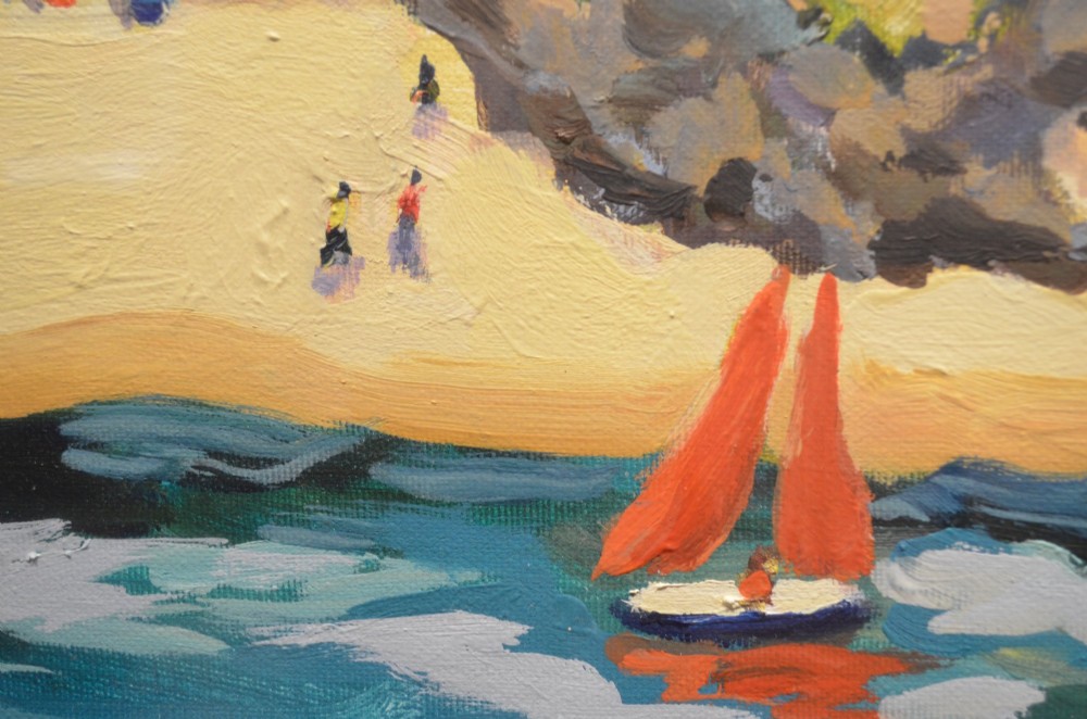 A framed oil painting on canvas depicting boats with red sails on blue water before a sandy shore and green hills. View XII