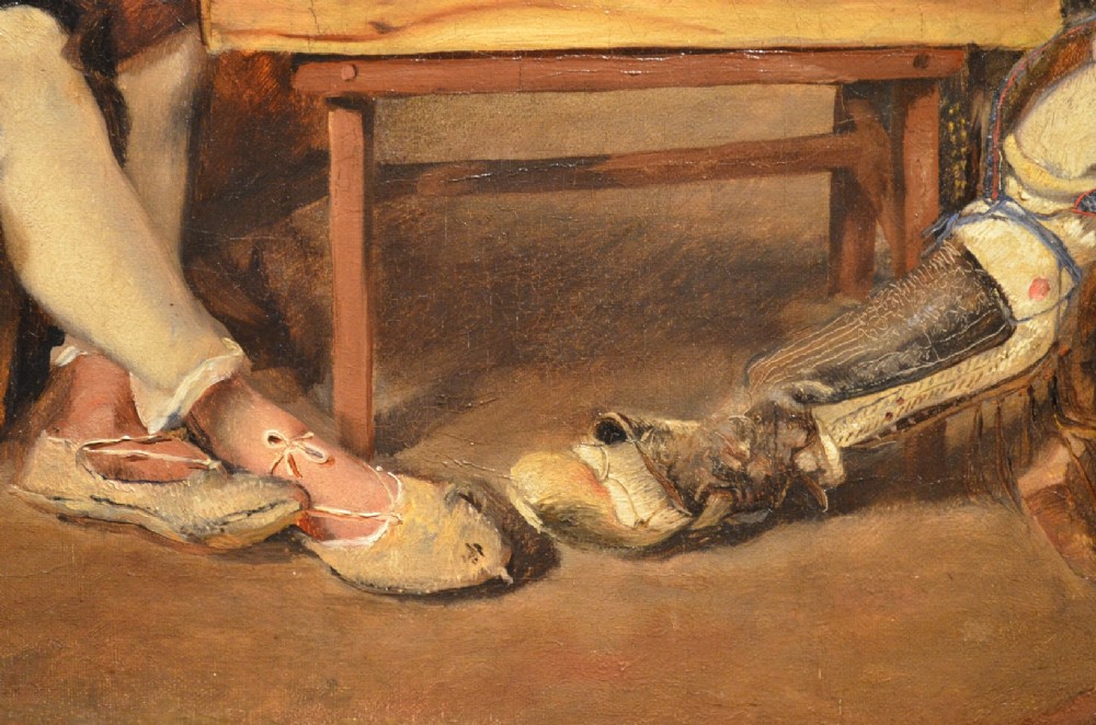 A framed 19th-century oil painting on canvas depicting two men in traditional Spanish attire playing cards at a wooden table beneath a vine-covered trellis. View IV