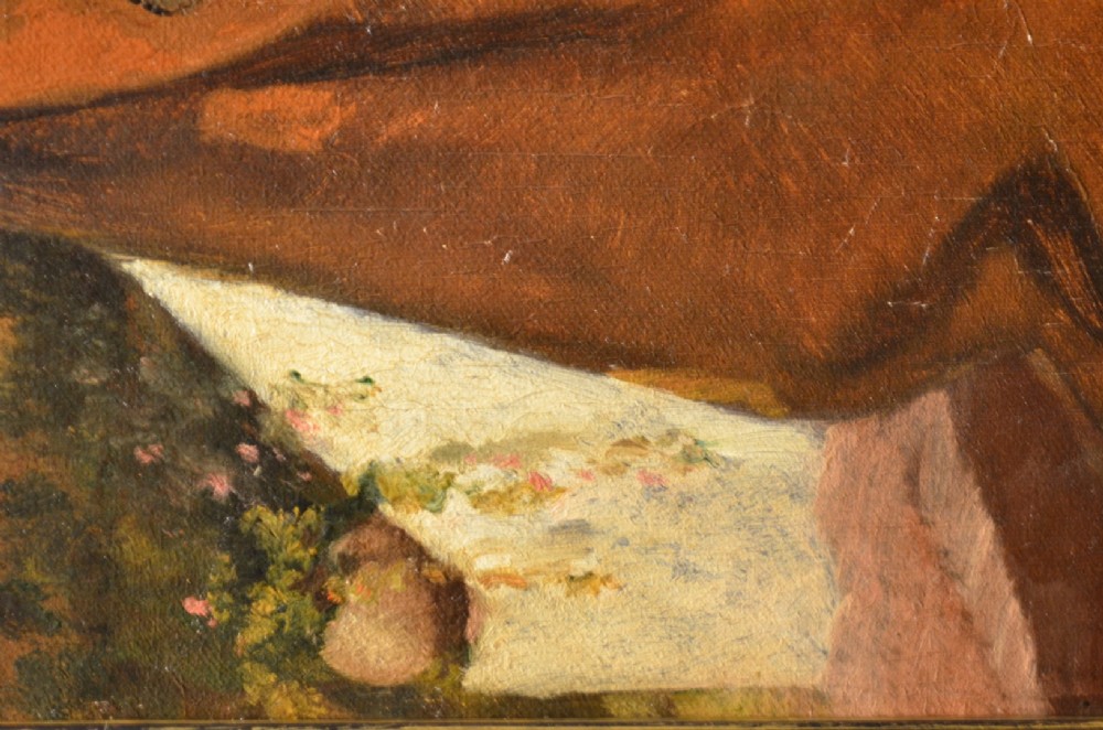 A framed 19th-century oil painting on canvas depicting two men in traditional Spanish attire playing cards at a wooden table beneath a vine-covered trellis. View XII