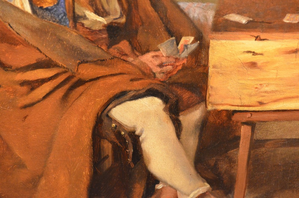 A framed 19th-century oil painting on canvas depicting two men in traditional Spanish attire playing cards at a wooden table beneath a vine-covered trellis. View XIV