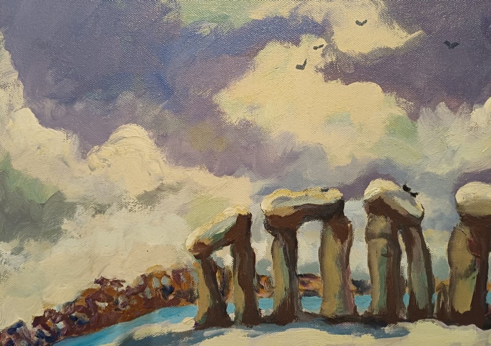 A framed original oil painting depicting the Heel Stone and Stonehenge covered in snow under a cloudy sky with two crows in the foreground. View II