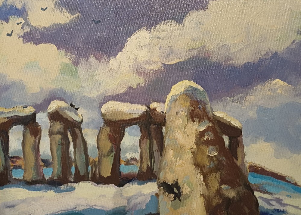 A framed original oil painting depicting the Heel Stone and Stonehenge covered in snow under a cloudy sky with two crows in the foreground. View III