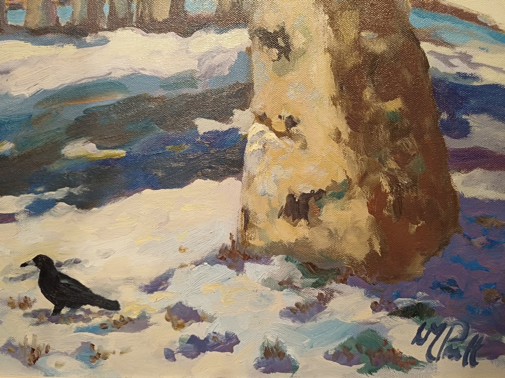 A framed original oil painting depicting the Heel Stone and Stonehenge covered in snow under a cloudy sky with two crows in the foreground. View IV