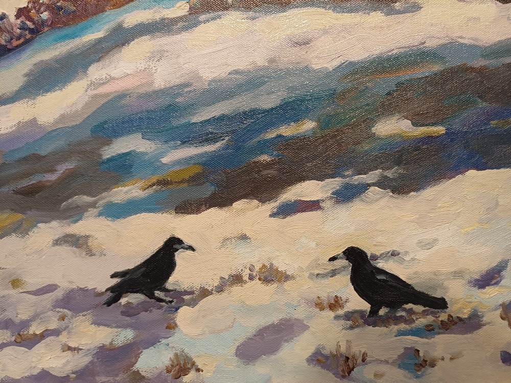 A framed original oil painting depicting the Heel Stone and Stonehenge covered in snow under a cloudy sky with two crows in the foreground. View V