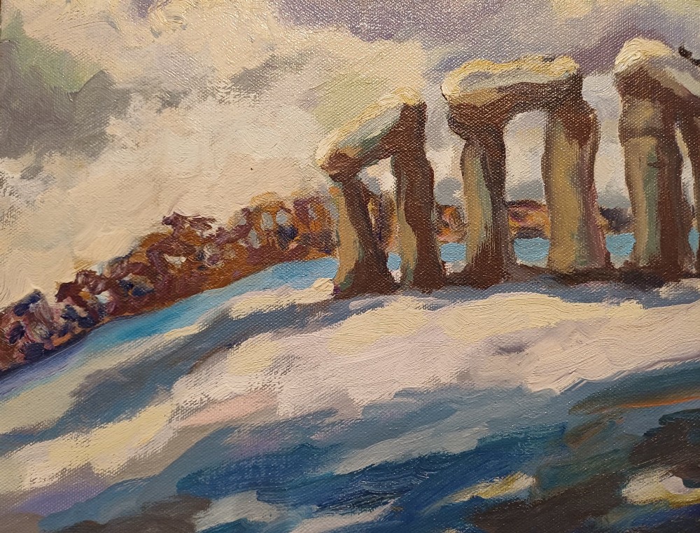A framed original oil painting depicting the Heel Stone and Stonehenge covered in snow under a cloudy sky with two crows in the foreground. View VII