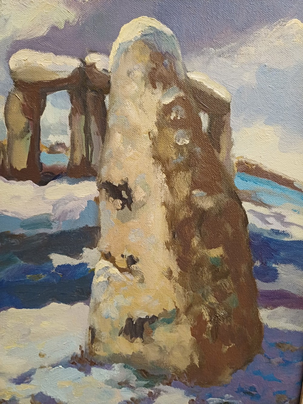 A framed original oil painting depicting the Heel Stone and Stonehenge covered in snow under a cloudy sky with two crows in the foreground. View VIII