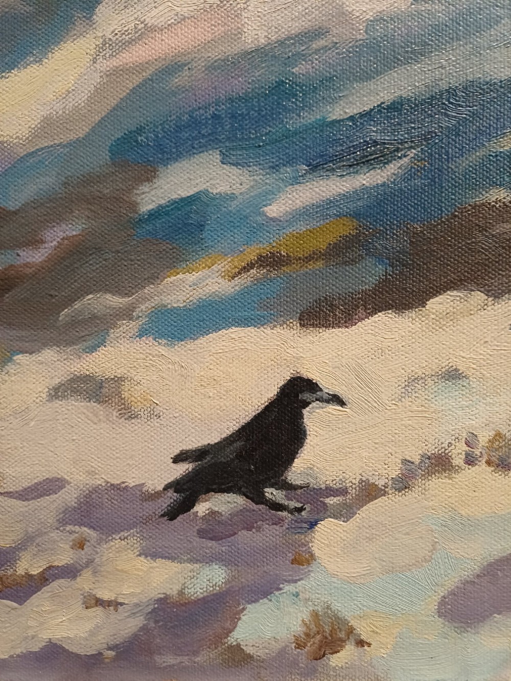 A framed original oil painting depicting the Heel Stone and Stonehenge covered in snow under a cloudy sky with two crows in the foreground. View X