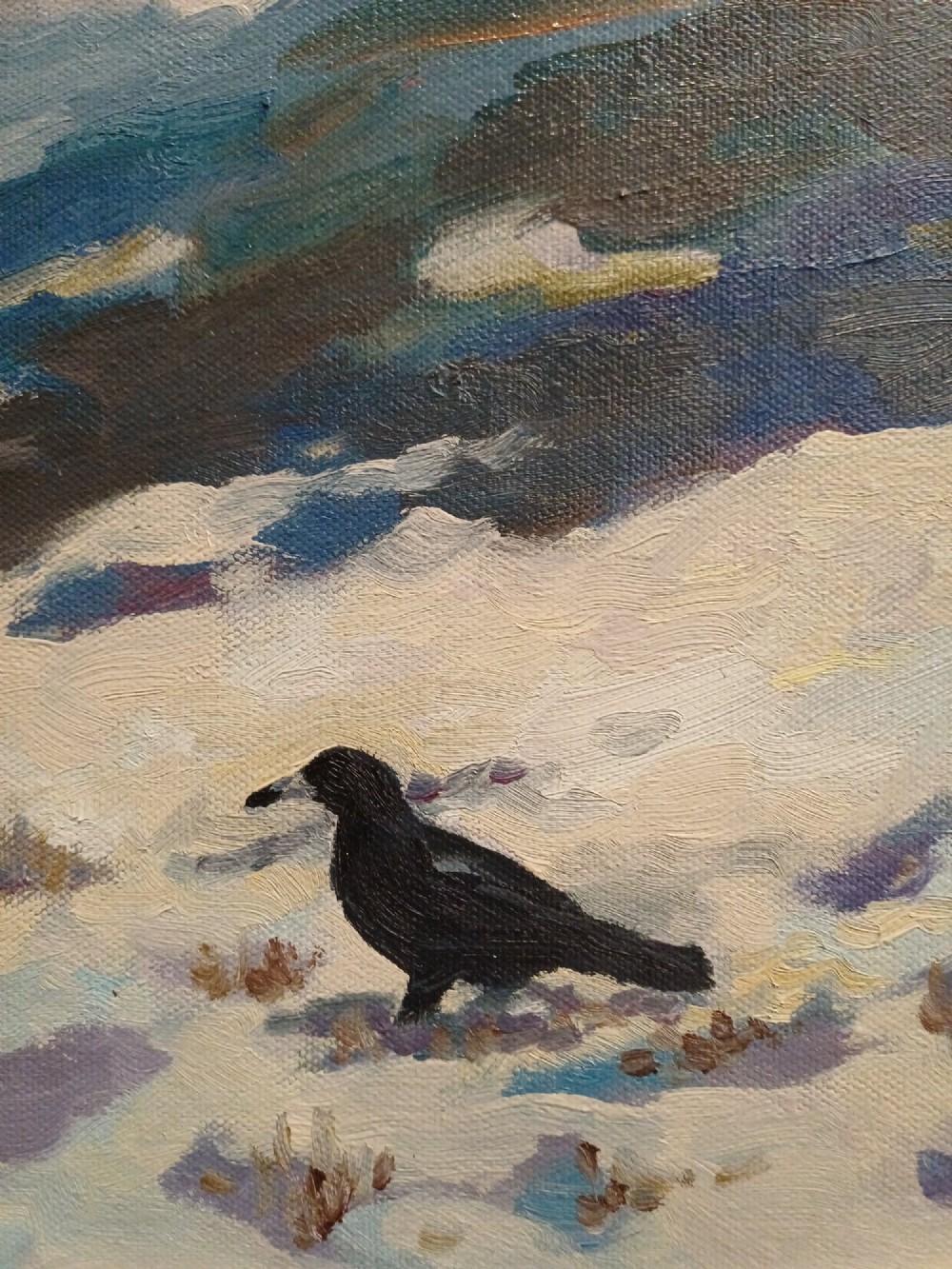A framed original oil painting depicting the Heel Stone and Stonehenge covered in snow under a cloudy sky with two crows in the foreground. View XI