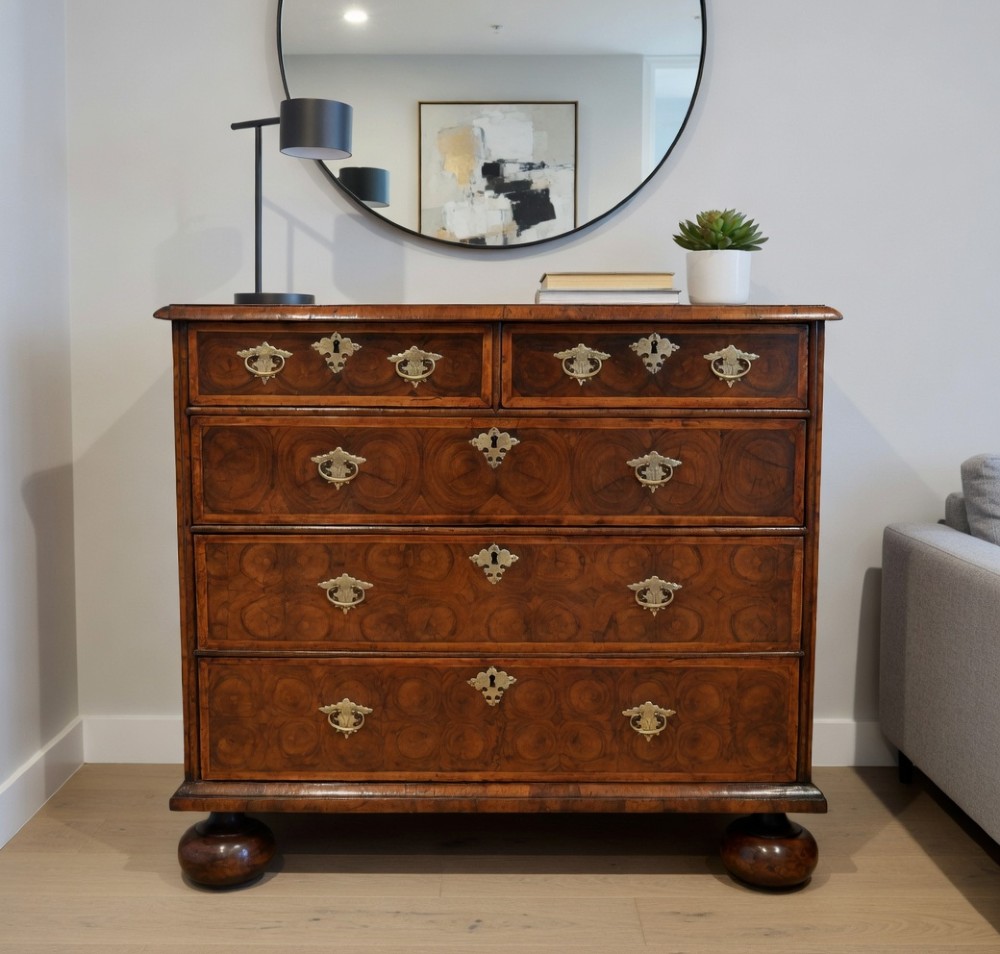 An antique William and Mary period walnut chest of drawers featuring geometric oyster veneer patterns, brass teardrop handles, keyhole escutcheons, and turned bun feet. View XII