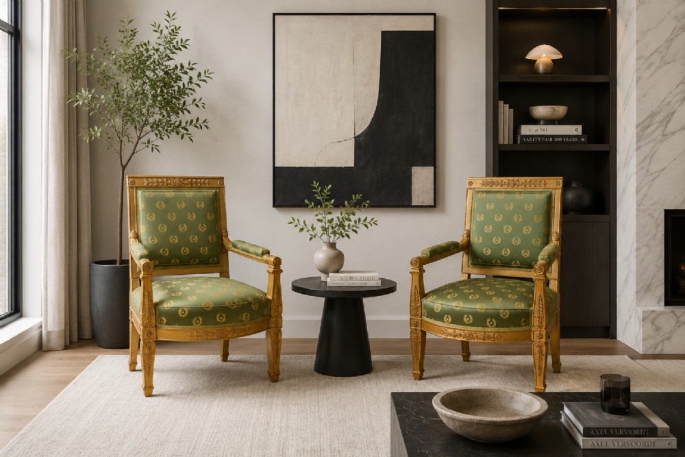 A pair of 19th-century French giltwood armchairs featuring carved classical motifs and green silk upholstery patterned with gold laurel wreaths. View II