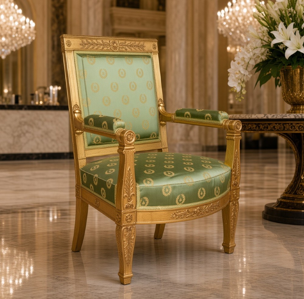 A French Restauration giltwood armchair with green and gold pattern silk upholstery, padded arms, and carved leaf detailing. View II