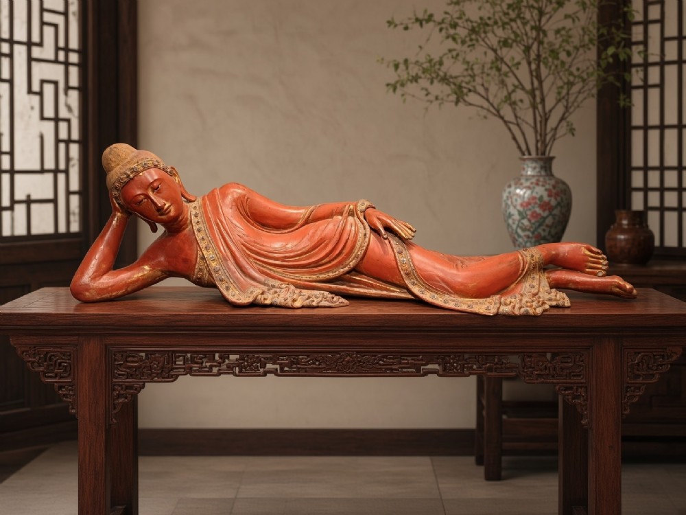 A 19th-century Burmese carved wooden sculpture of a reclining Buddha featuring red lacquered finish and detailed gilded robes.