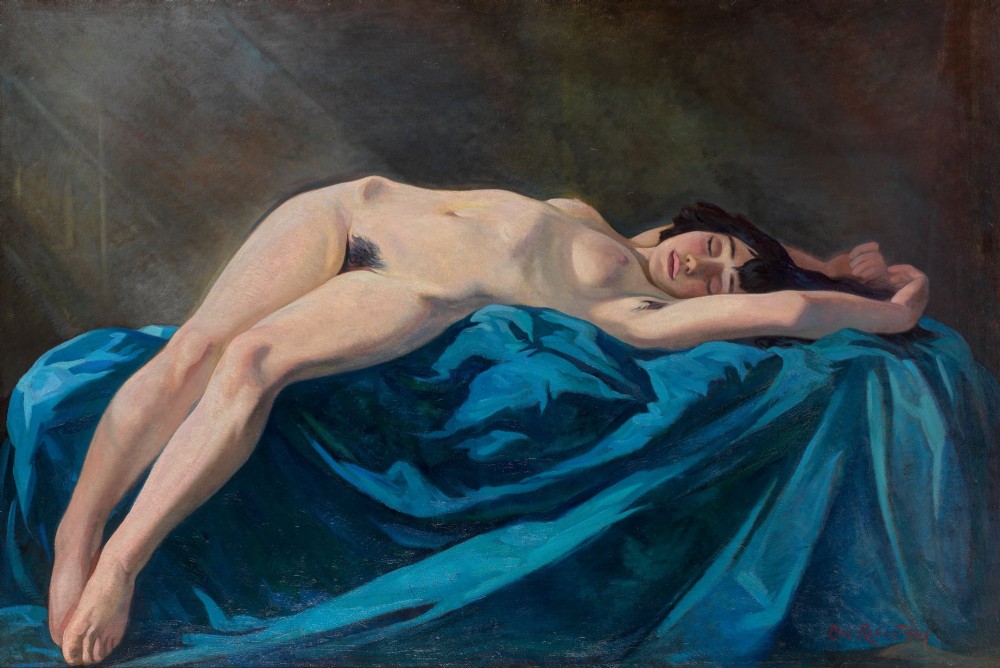 An oil painting on canvas depicting a reclining female nude figure resting upon draped vibrant blue cloth set within a moulded gilt frame. View II