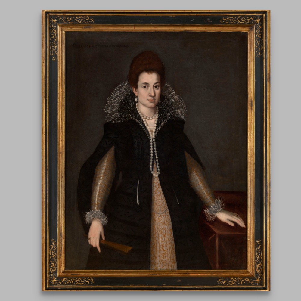 An early seventeenth-century oil painting on canvas depicting a noblewoman dressed in a dark gown with an elaborate lace collar, set within a black and gilded wooden frame.