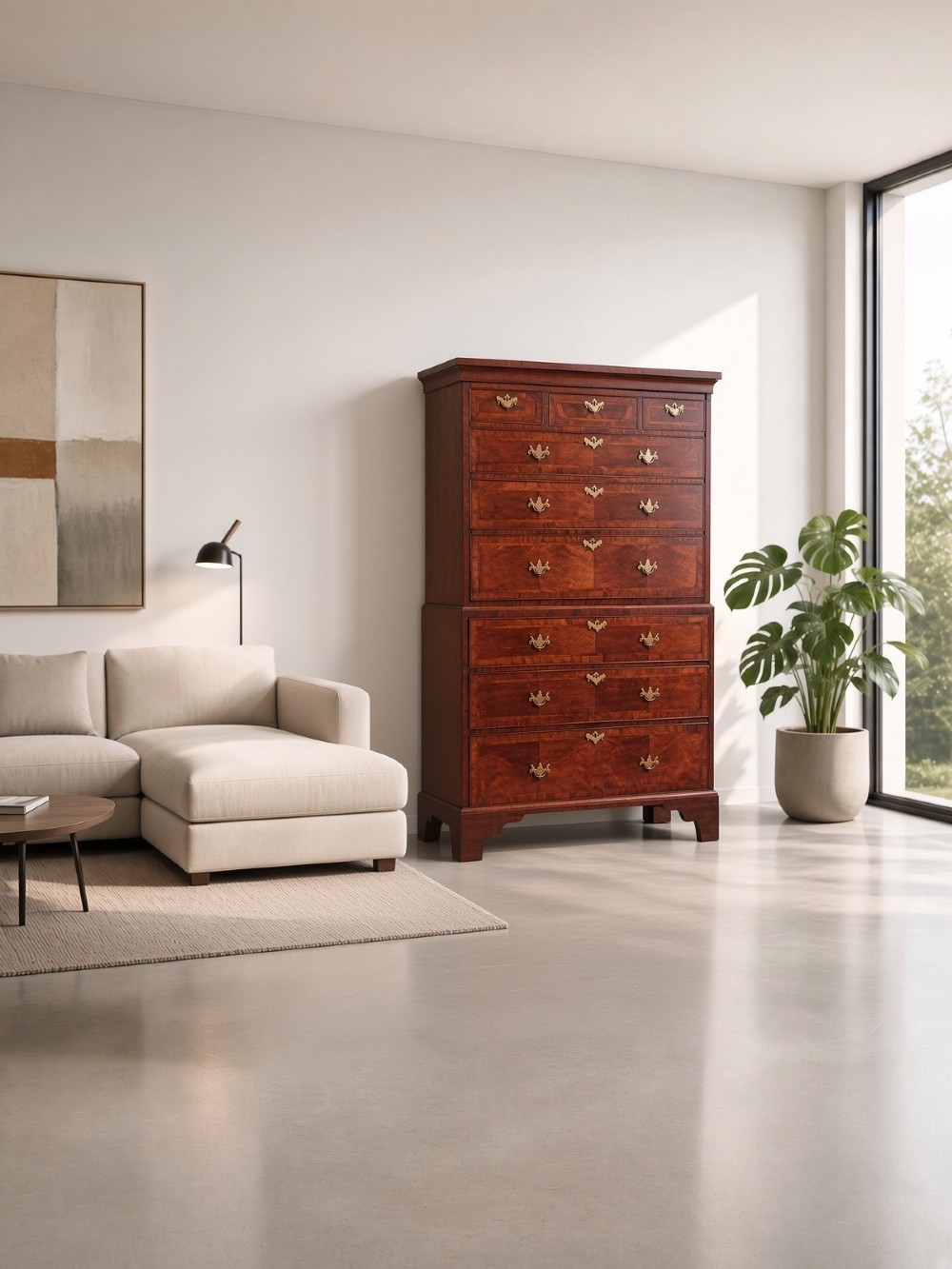 An early eighteenth-century walnut chest on chest featuring crossbanded drawers, brass handles, and bracket feet. View V