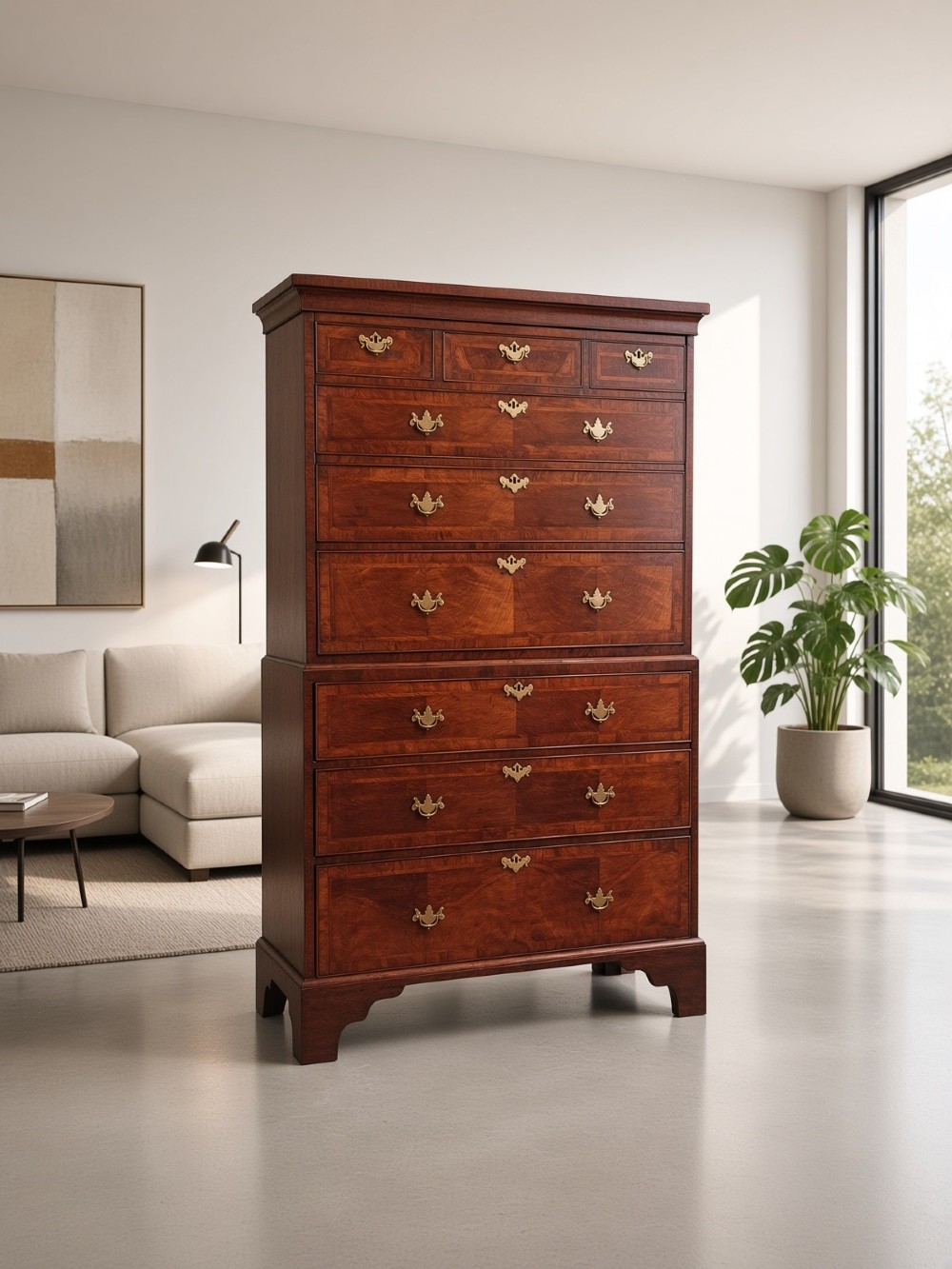 An early eighteenth-century walnut chest on chest featuring crossbanded drawers, brass handles, and bracket feet. View VIII