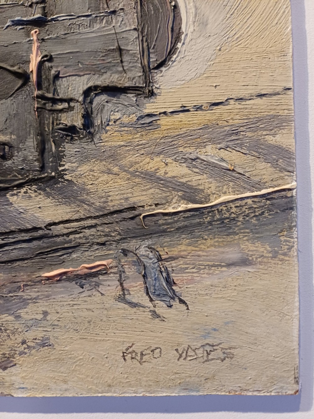An original oil painting on board depicting a dark grey and red side tank steam locomotive sitting on railway tracks, presented in a light wooden frame with a wide mount. View VII