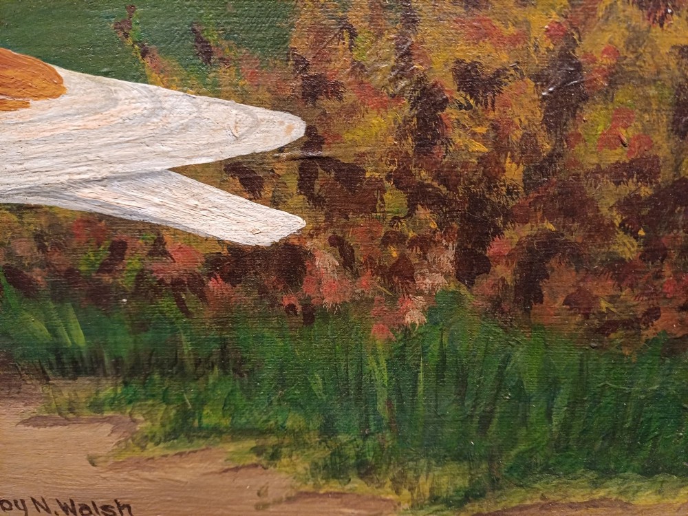 A framed oil painting on canvas depicting a red chequer racing pigeon in profile against a countryside landscape with handwritten race inscriptions. View IV