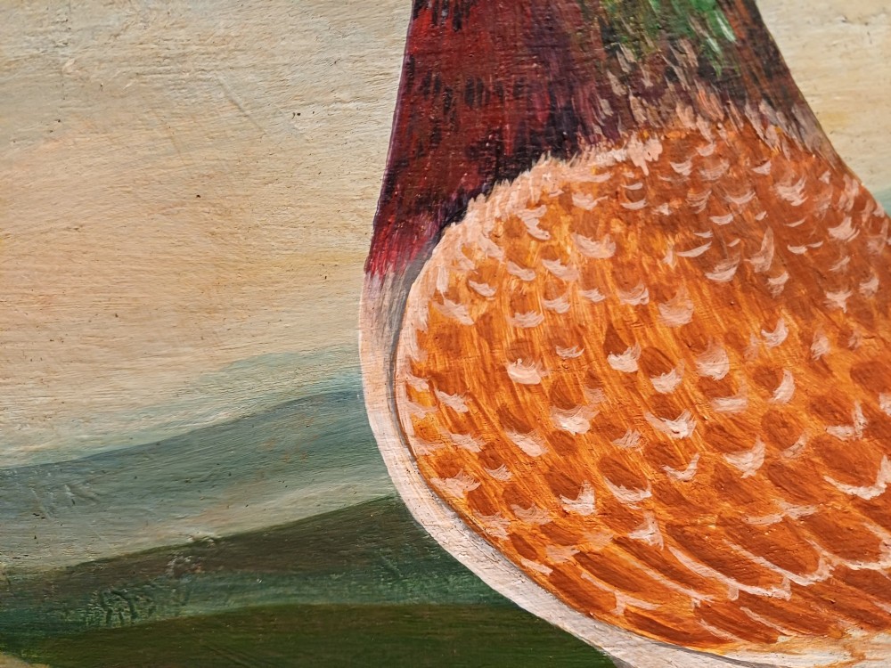 A framed oil painting on canvas depicting a red chequer racing pigeon in profile against a countryside landscape with handwritten race inscriptions. View IX