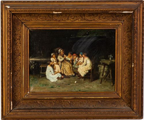 Signed Interior Oleograph Painting 19th Century 