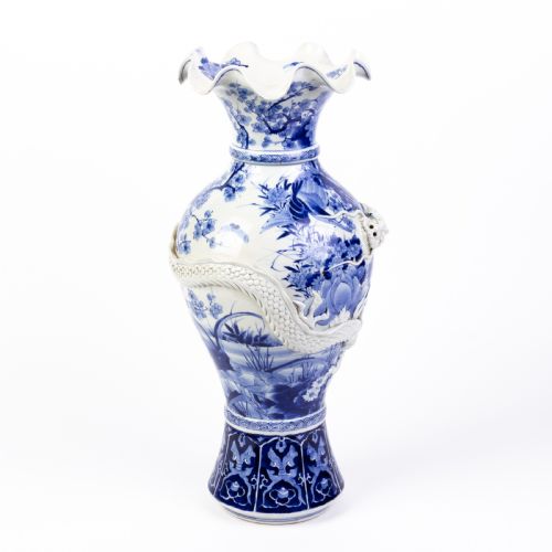 Large Chinese Blue & White Relief Dragon Vase 19th Century