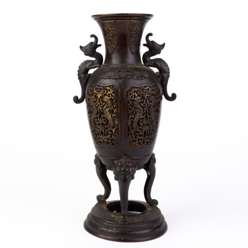 Japanese Gilded Bronze Meiji Censer Vase 19th Century
