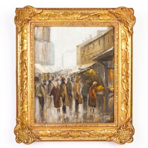 Signed B. Wooley Impressionist Market Street Oil Painting
