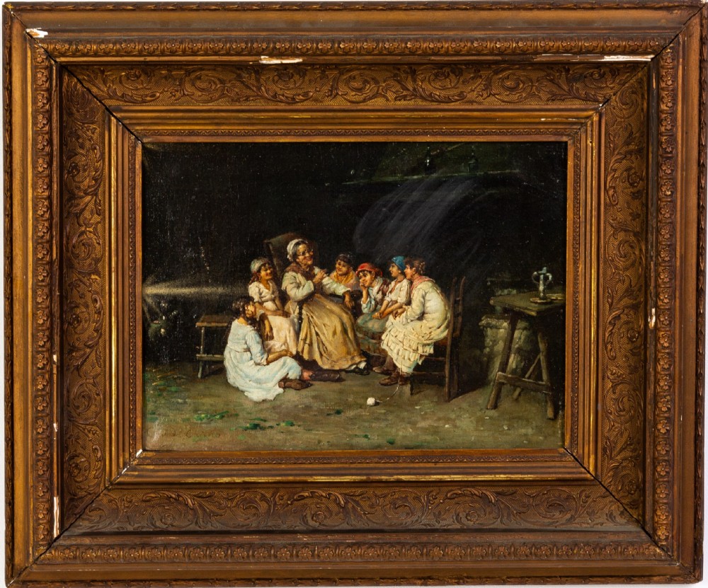 A nineteenth-century oleograph depicting an interior genre scene with figures gathered around a seated woman, set within a heavy moulded gold giltwood frame.