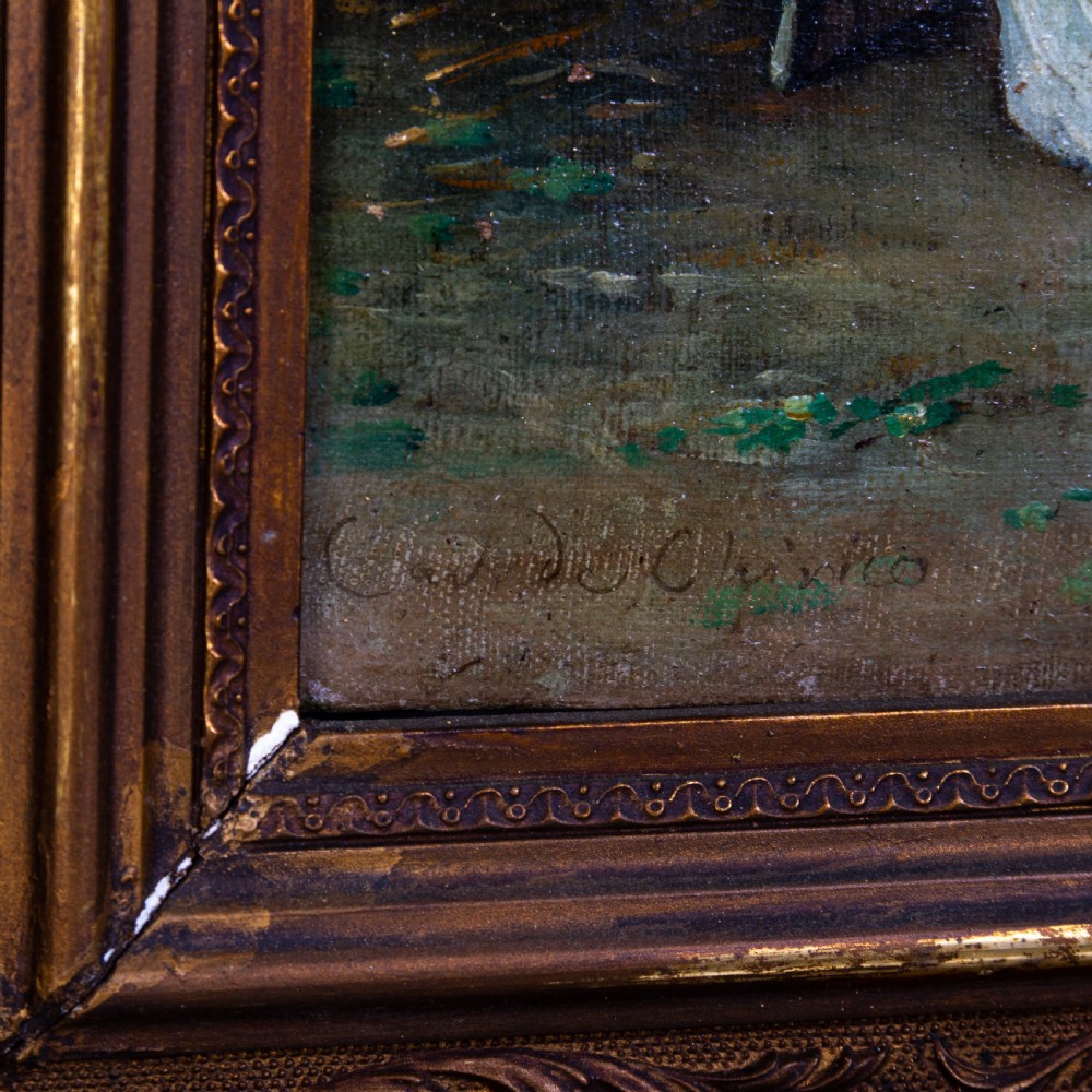 A nineteenth-century oleograph depicting an interior genre scene with figures gathered around a seated woman, set within a heavy moulded gold giltwood frame. View III
