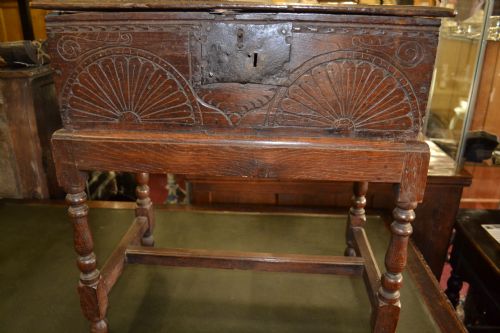 William and Mary 17th Century Oak Bible Box with Lunette Carving, C 1690