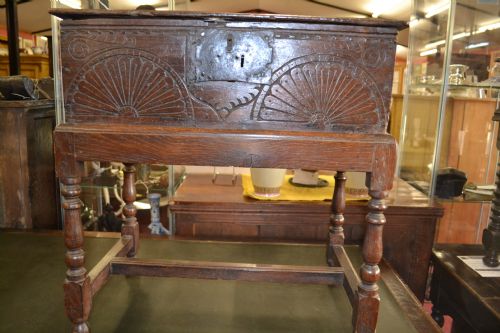 fig 1. William and Mary 17th Century Oak Bible Box With Lunette Carving, c 1690