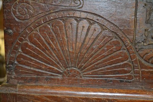 fig 2. William and Mary 17th Century Oak Bible Box With Lunette Carving, c 1690