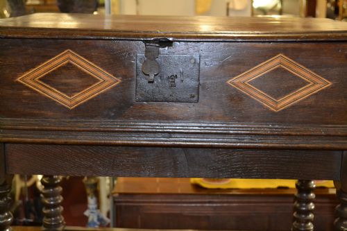 fig 2. 18th Century Oak Bible Box with Inlaid Decoration on Later Stand, c 1760