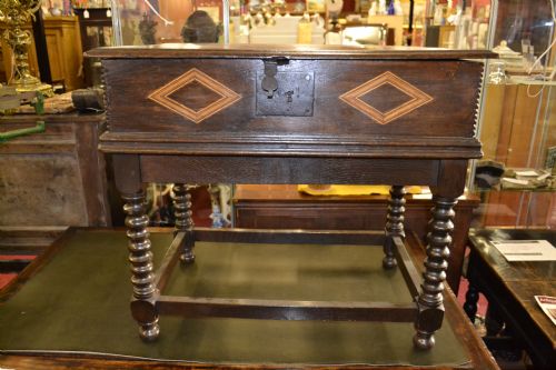 fig 1. 18th Century Oak Bible Box with Inlaid Decoration on Later Stand, c 1760