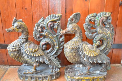 Stunning Pair of Large Antique 19th Century Chinese Carved Wood and Polychrome Temple Birds, C1850