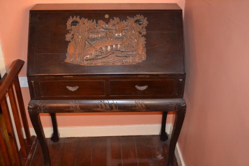 Antique Anglo Chinese Desk, Fitted Interior and Beautiful Carved Decoration, C1910