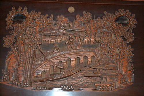fig 1. Antique Anglo Chinese Desk, Fitted Interior and Beautiful Carved Decoration, c1910