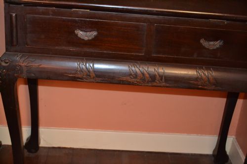 fig 2. Antique Anglo Chinese Desk, Fitted Interior and Beautiful Carved Decoration, c1910