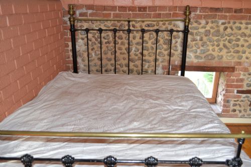 fig 1. Antique 19th Century Victorian Brass and Iron Double Bed With Wooden Base, c 1880