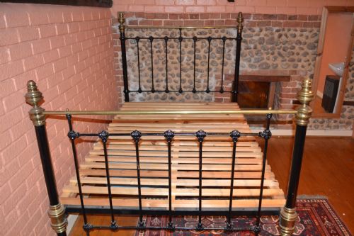 Antique 19th Century Victorian Brass and Iron Double Bed with Wooden Base, C 1880
