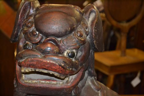 Antique Large 19th Century Chinese Carved Hardwood and Lacquered Temple Dog /Dog of Fo , C 1840