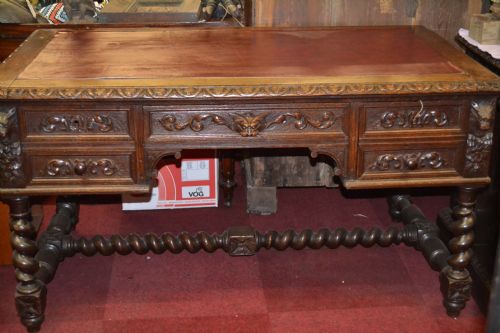 fig 1. Antique Large 19th Century Highly Carved Gothic Green Man Partners Desk, c 1880
