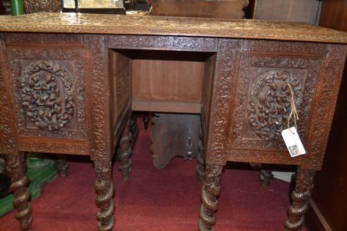 Antique 19th Century Anglo Indian Hardwood Desk, Highly Carved,2 Doors, C1890